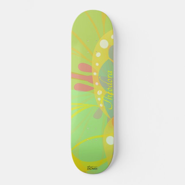 Chic Gold Butterfly Yellow Blue Pattern Skateboard (Front)