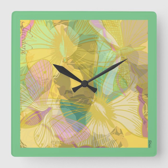 Chic Gold Butterfly Yellow Turquoise Square Wall Clock (Front)