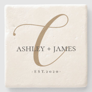  Chic Gold C Monogram Script Name Wedding Date Stone Coaster