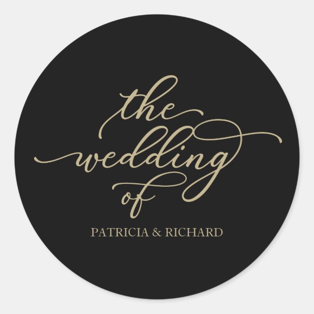 Chic Gold Calligraphy Black Wedding Classic Round Sticker (Front)