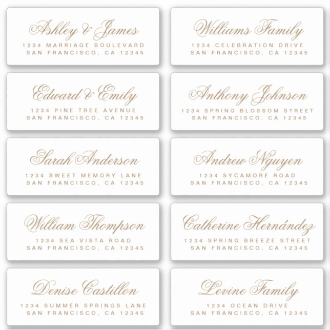 Chic Gold Calligraphy Wedding Guest Address Labels (Front)