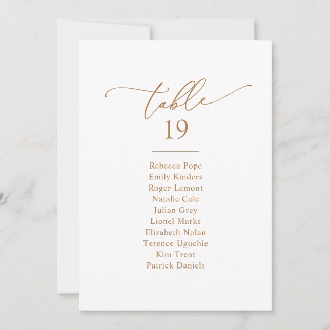 Chic Gold Calligraphy Wedding Seating Chart Cards (Front)