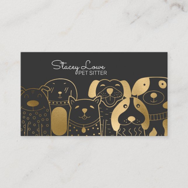  Chic Gold Cartoon Dogs Pet Sitter | Dog Walker Business Card (Front)