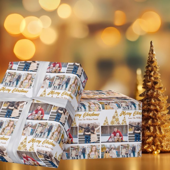 Chic Gold Christmas Tree Family Photo Collage Wrapping Paper (Creator Uploaded)