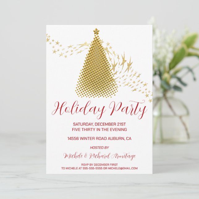 Chic Gold Christmas Tree Holiday Party Invitation (Standing Front)