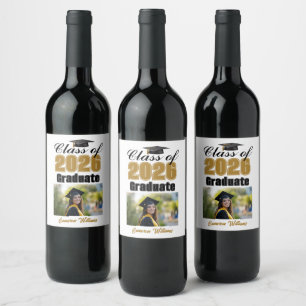 Chic Gold Class of 2026 Graduation Party Photo Wine Label