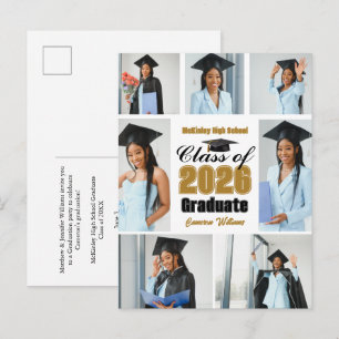 Chic Gold Class of 2026 Graduation Photo Collage Announcement Postcard