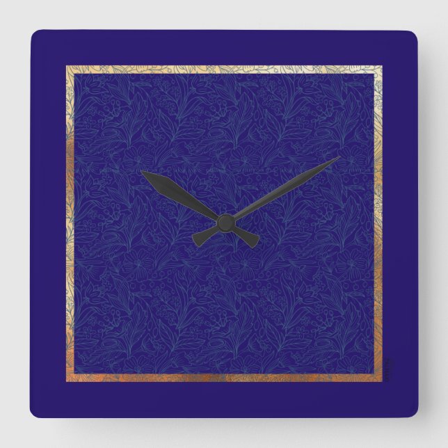 Chic Gold Cobalt Abstract Floral Frame Square Wall Clock (Front)