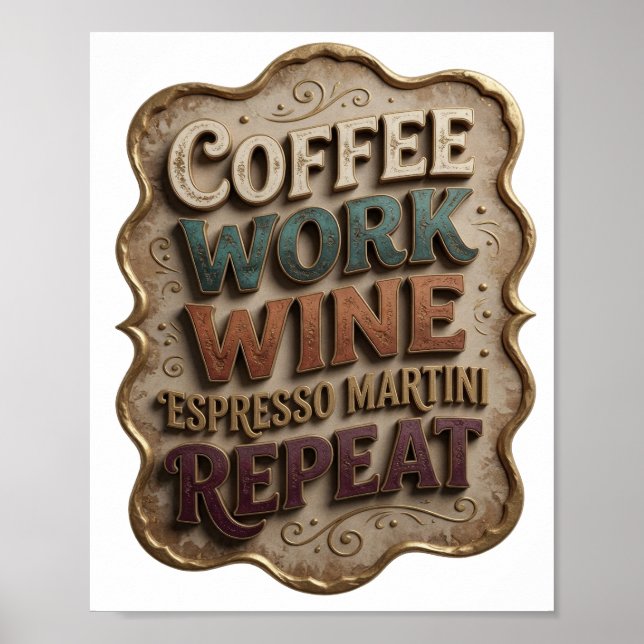Chic Gold COFFEE WORK WINE ESPRESSO MARTINI REPEAT Poster (Front)