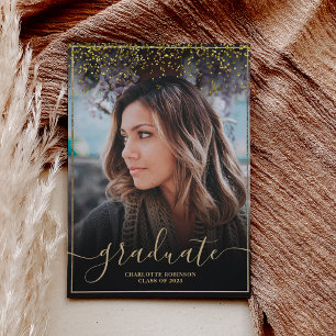 Chic gold confetti border script photo graduation invitation
