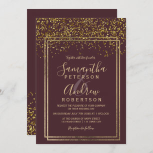 Chic gold confetti burgundy border wedding invitation