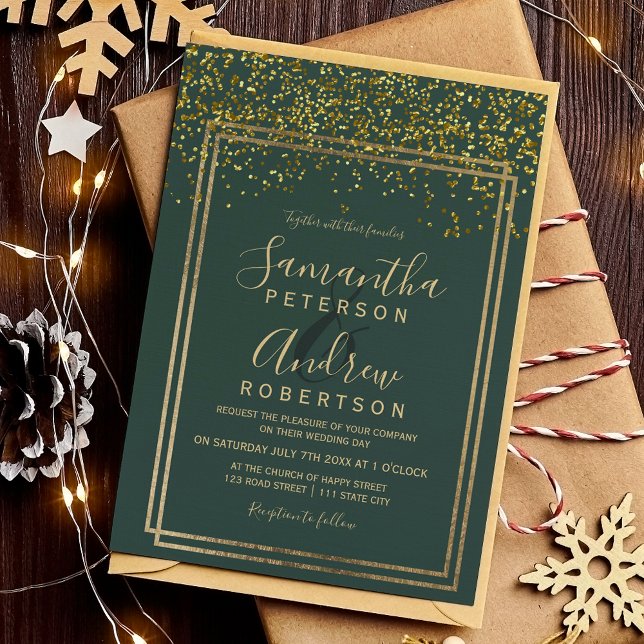 Chic gold confetti green border wedding invitation (Chic gold confetti green border wedding invitation)