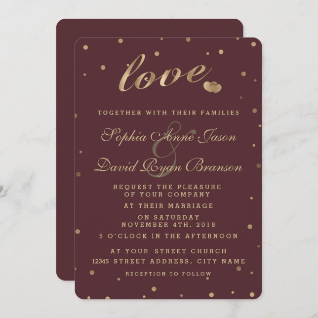 Chic Gold Confetti Love Burgundy Wedding Invite (Front/Back)
