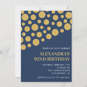 Chic Gold Confetti Navy Blue 92nd birthday Invitation