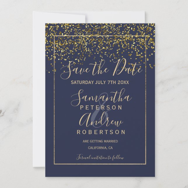 Chic gold confetti navy blue save the date wedding (Front)