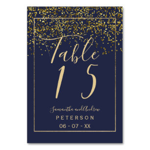 Chic gold confetti navy blue script wedding table table number