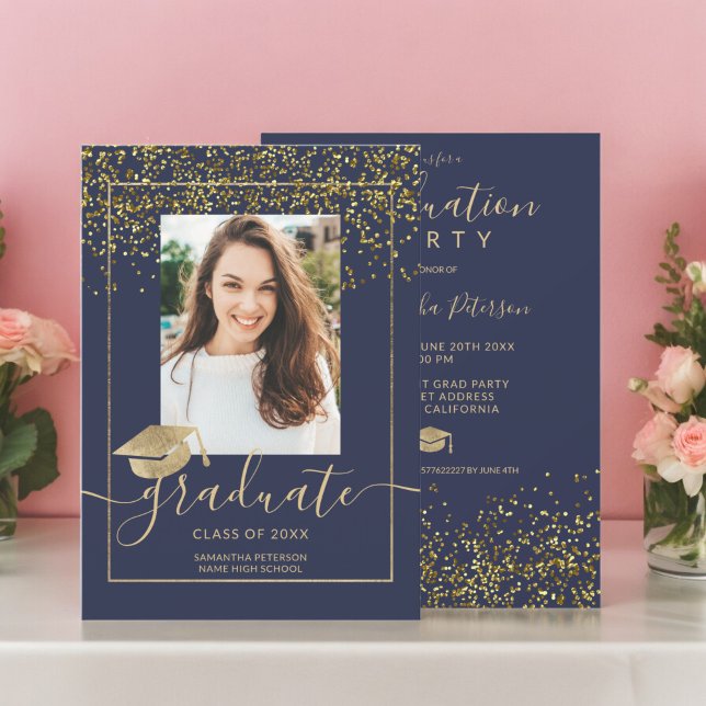 Chic gold confetti navy blue typography graduation invitation (Chic gold confetti navy blue typography graduation invitation)