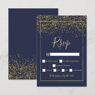 Chic gold confetti navy blue typography rsvp card