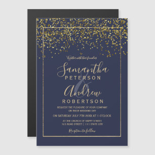 Chic gold confetti navy blue typography wedding magnetic invitation