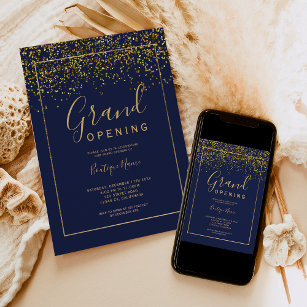 Chic gold confetti navy typography grand opening invitation