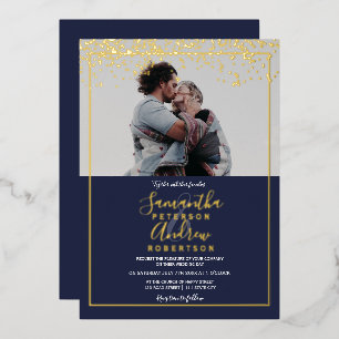 Chic gold confetti navy typography photo wedding
