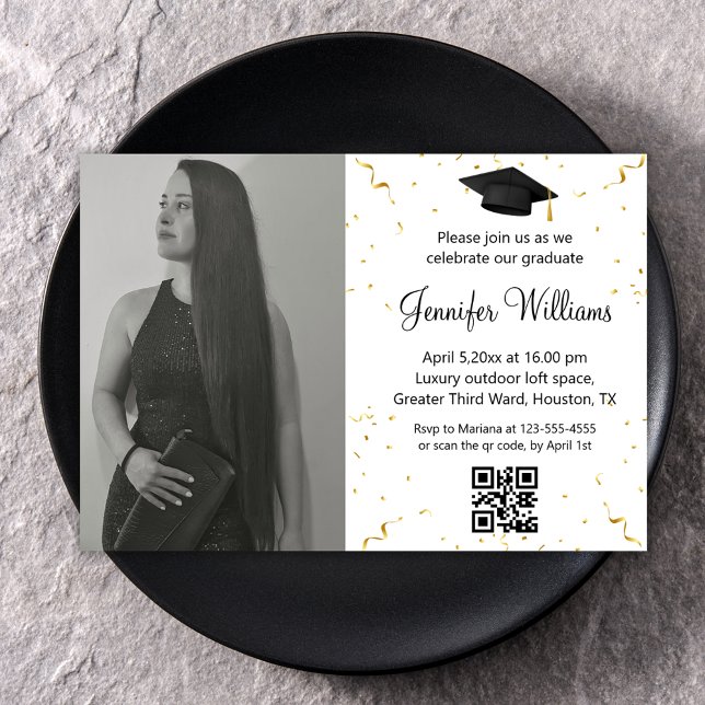 Chic Gold Confetti Photo Graduation Party QR Code Invitation (Creator Uploaded)