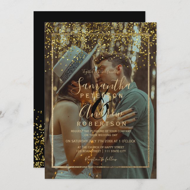Chic gold confetti typography photo wedding invitation (Front/Back)