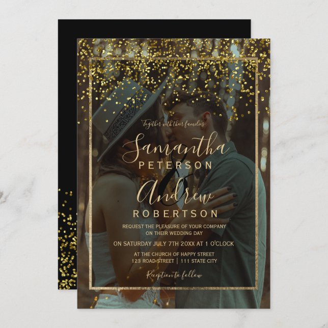 Chic gold confetti typography photo wedding invitation (Front/Back)