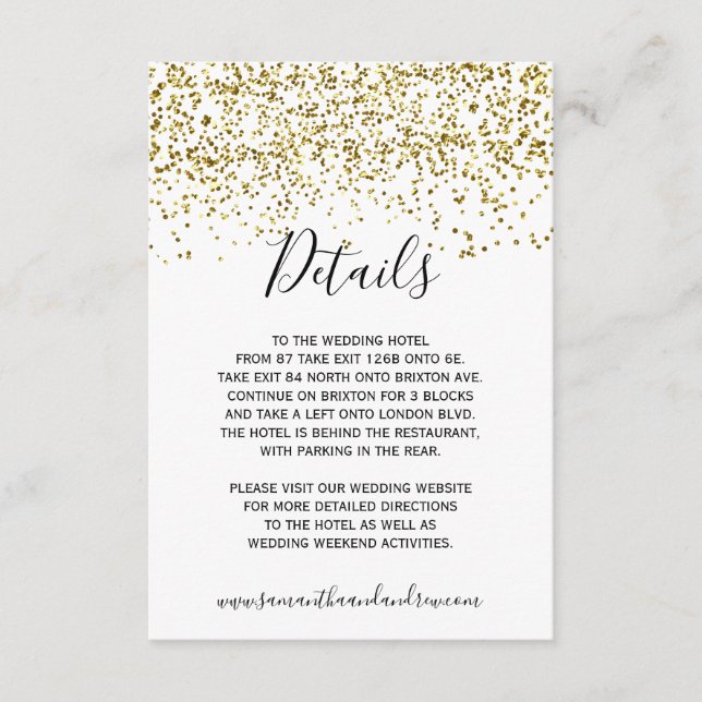 Chic gold confetti white typography details enclosure card (Front)