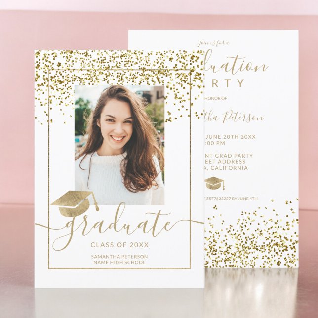 Chic gold confetti white typography graduation invitation (Chic gold confetti white typography graduation invitation)