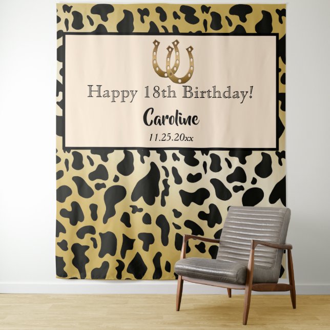 Chic Gold, Cow Spots & Gold Horseshoe Birthday Tapestry (In Situ)