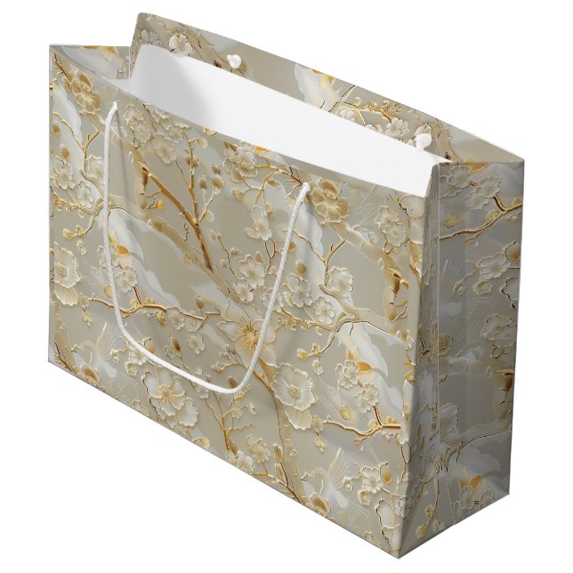 Chic gold cream floral large gift bag (Front Angled)