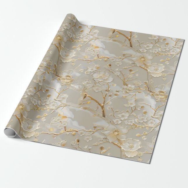 Chic gold cream floral pattern wrapping paper (Unrolled)