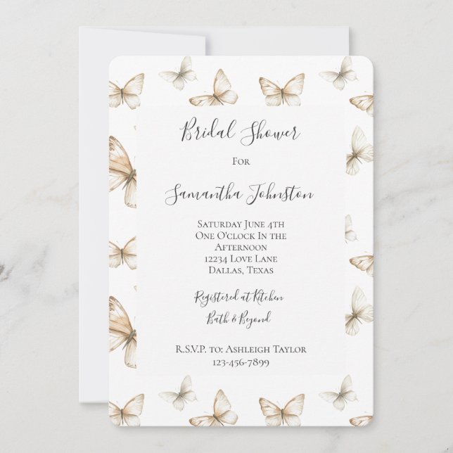 Chic Gold Cream White Butterflies Bridal Shower Invitation (Front)