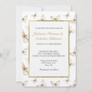 Chic Gold Cream White Butterflies Wedding Invitation