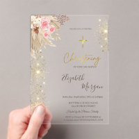 Chic Gold Cross Baptism Gold Glitter Boho Flowers