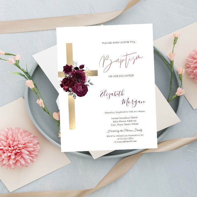 Chic Gold Cross Red Roses Baptism Glitter Confetti Invitation (Creator Uploaded)