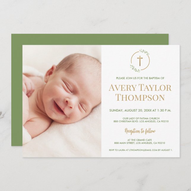 Chic Gold Cross Watercolor Custom Photo Baptism Invitation (Front/Back)