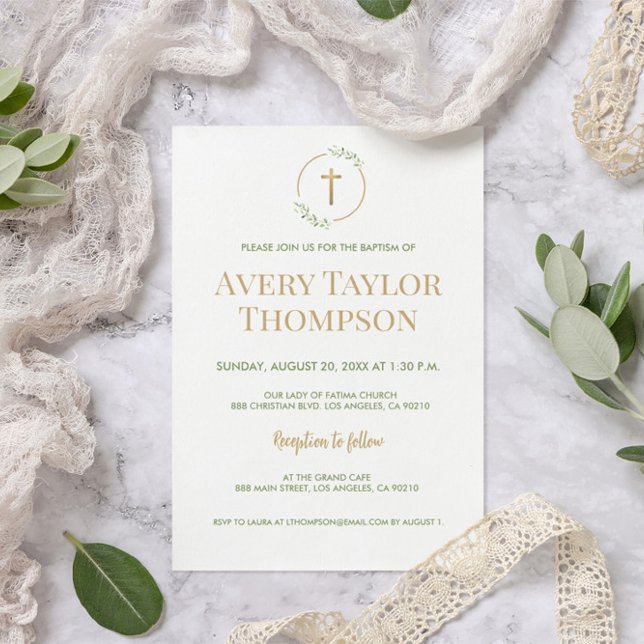 Chic Gold Cross Watercolor wreath Baptism template (Simple greenery watercolor wreath gold cross baptism invitation)