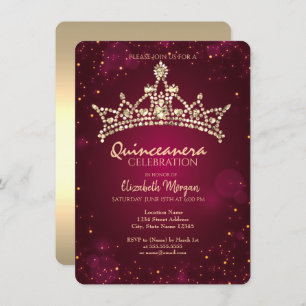 Chic Gold Crown Burgundy Quinceañera Invitation