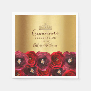 Chic Gold Crown Red Rose Floral Quinceañera Napkin