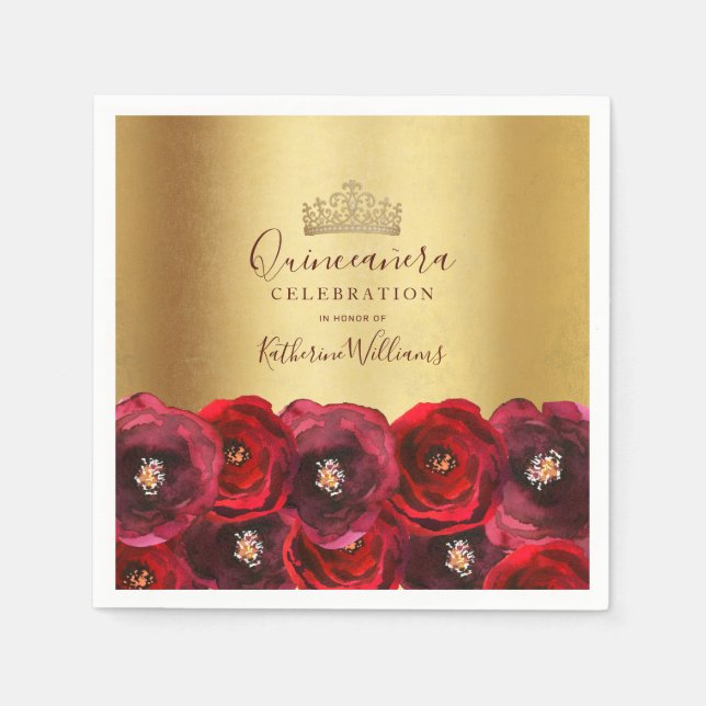 Chic Gold Crown Red Rose Floral Quinceañera Napkin (Front)