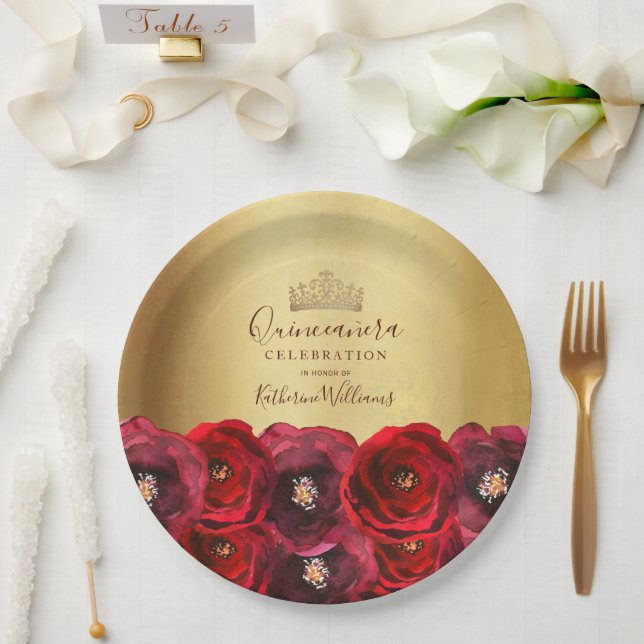 Chic Gold Crown Red Rose Floral Quinceañera Paper Plate (Wedding)