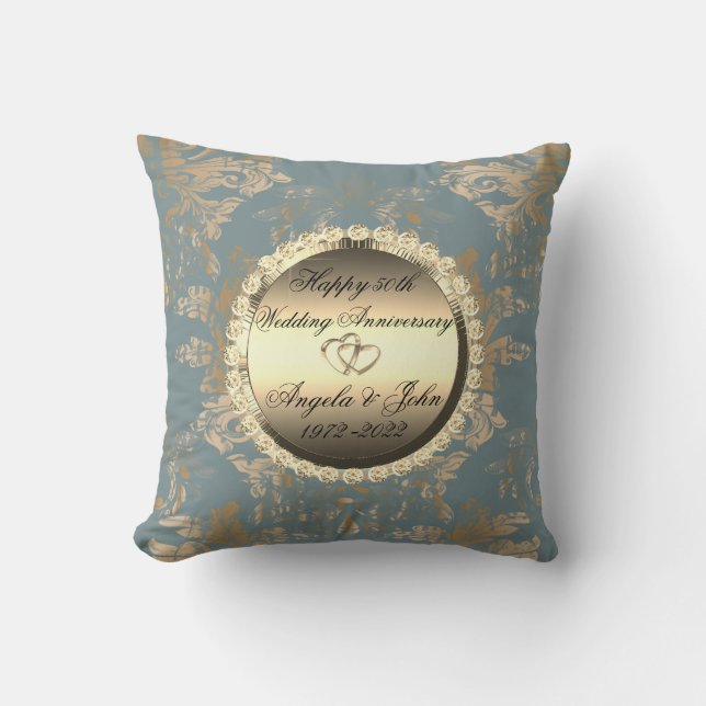Chic Gold Damask 50th Wedding Anniversary Cushion (Front)
