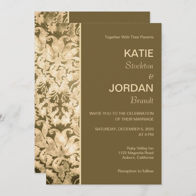 Chic Gold Damask Wedding Invitation (Front/Back)