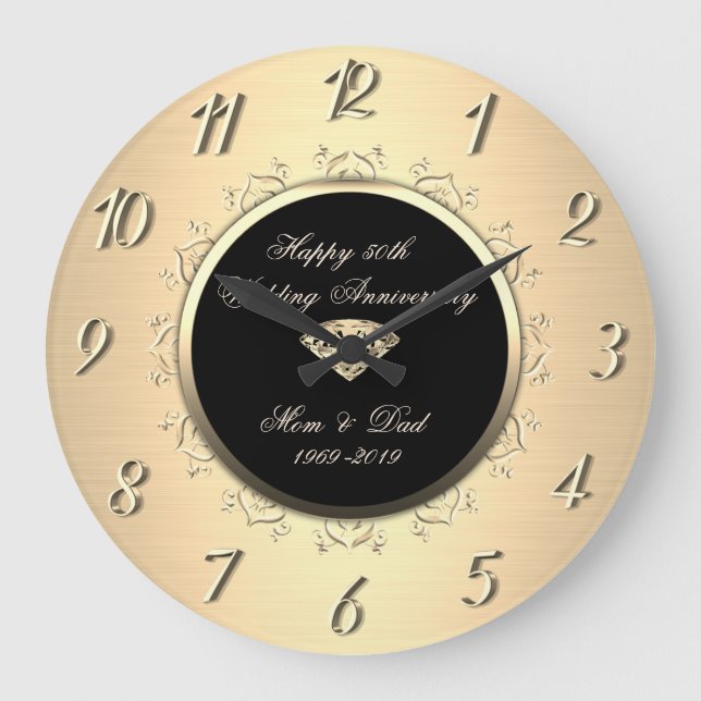 Chic Gold Diamond Swirls 50th Wedding Anniversary Large Clock (Front)