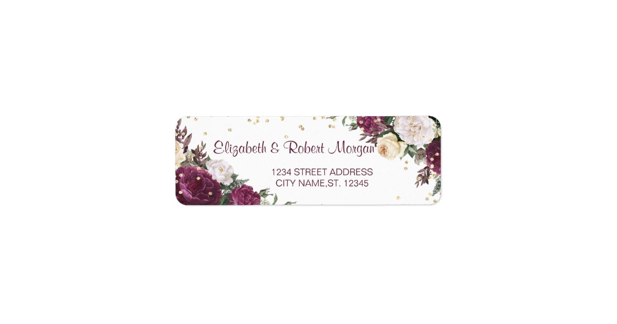 Chic Gold Diamonds Burgundy Floral Wedding Label Return Address Label ...