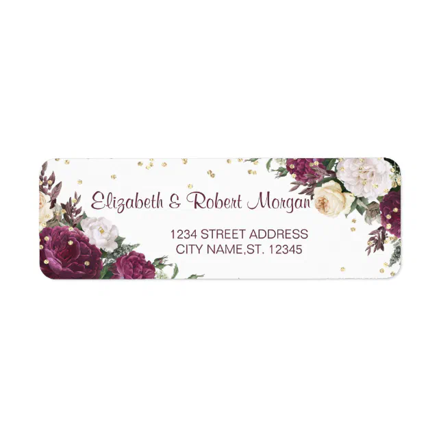 Chic Gold Diamonds Burgundy Floral Wedding Label Return Address Label ...