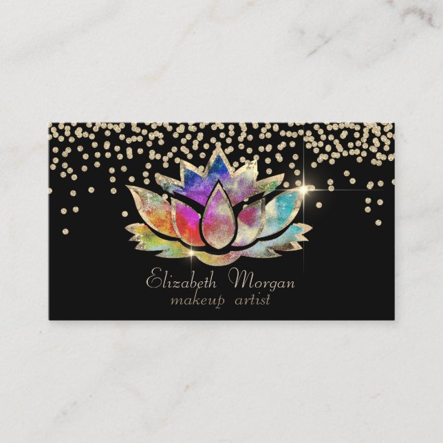 Chic Gold Diamonds Colourful Lotus Black  Business Card (Front)