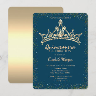 Chic Gold Diamonds Crown Blue Quinceañera  Invitation